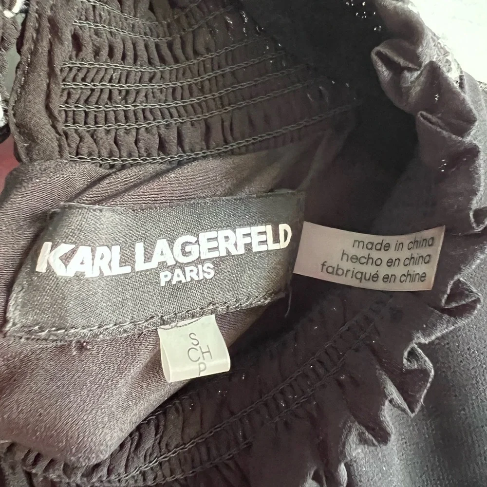Karl Lagerfeld Paris Black Blouse Smocked Neck Puff Sheer Sleeve‎ Small